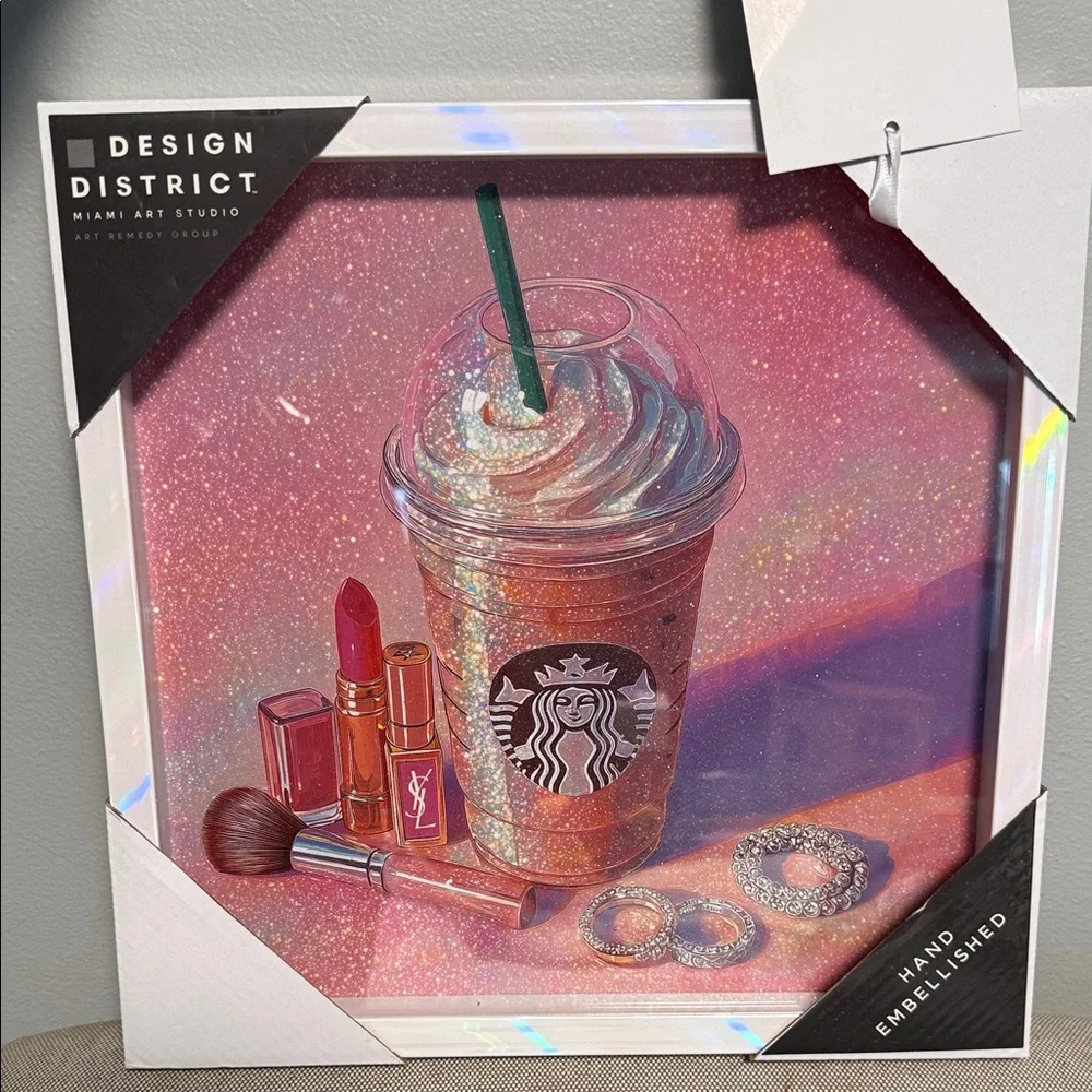 Starbucks Pink Glitter Frappuccino Art Print with Makeup Accents - Picture 1 of 3